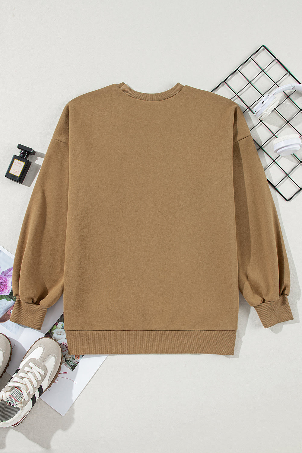 Camel Solid Fleece Lined Drop Shoulder High Low Sweatshirt Sweatshirts & Hoodies JT's Designer Fashion