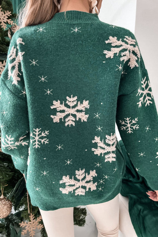 Blackish Green Christmas Snowflake Mock Neck Sweater Sweaters JT's Designer Fashion