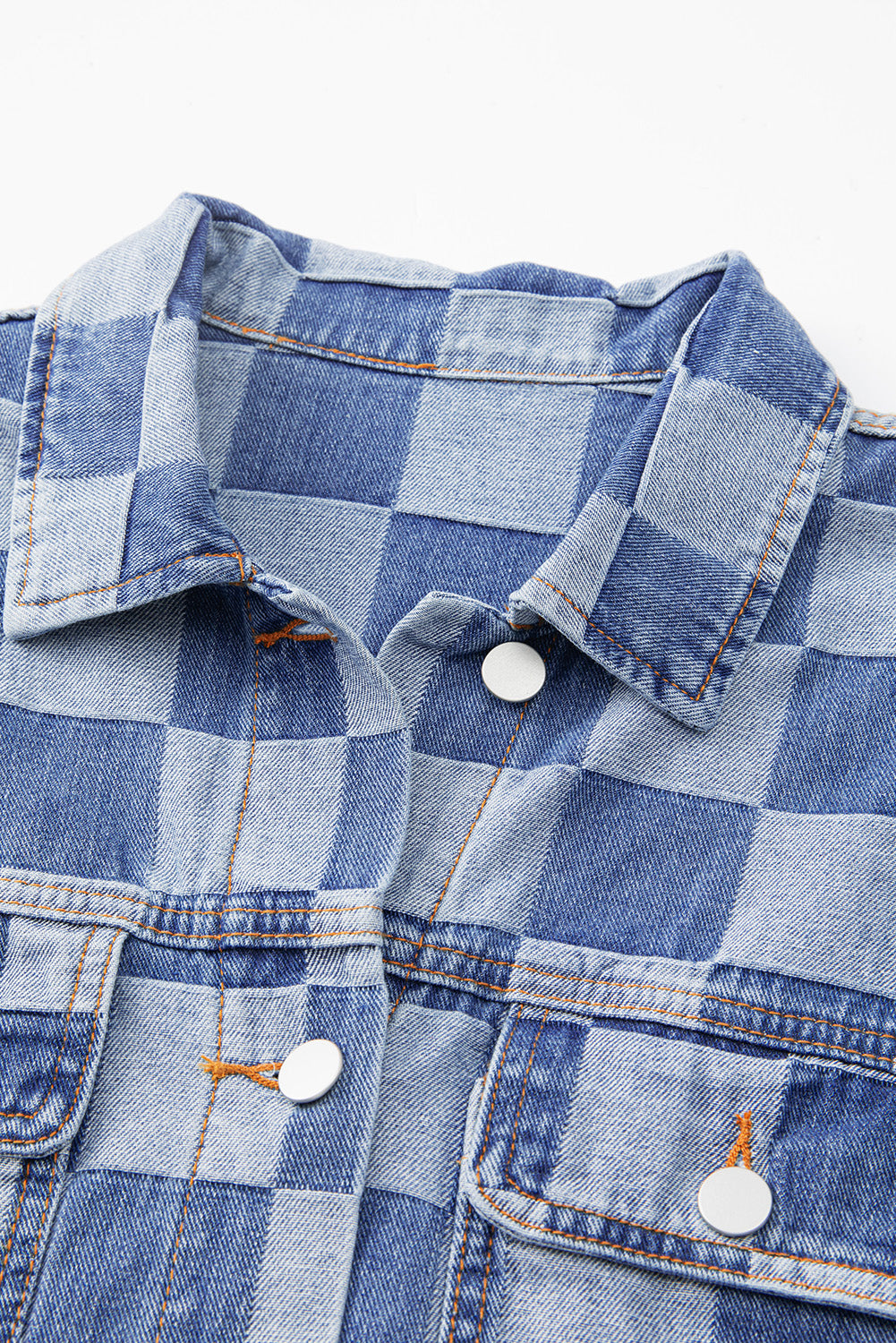 Light Blue Checkered Patchwork Button up Denim Jacket Denim Jackets JT's Designer Fashion