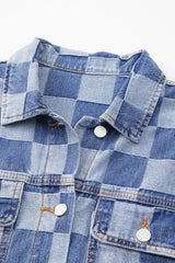 Light Blue Checkered Patchwork Button up Denim Jacket Denim Jackets JT's Designer Fashion