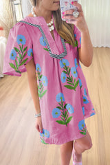 Rose Floral Short Sleeve Split Neck Loose Mini Dress Floral Dresses JT's Designer Fashion