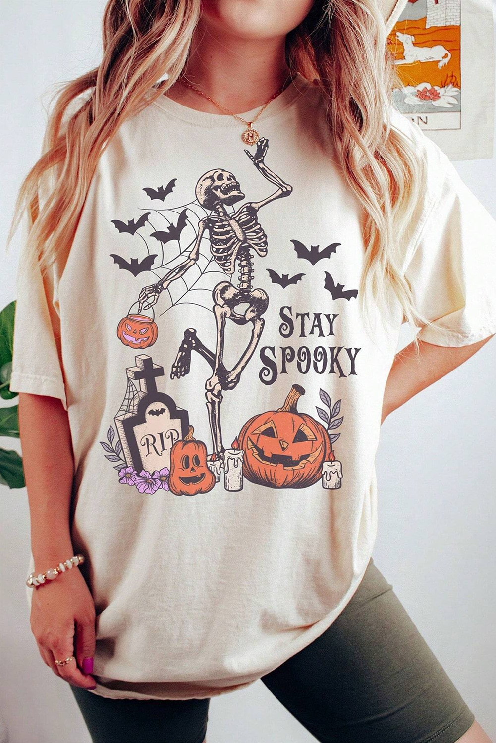 White Skull Pumpkin Face STAY SPOOKY Graphic Halloween T Shirt Graphic Tees JT's Designer Fashion