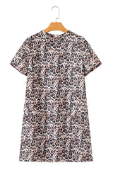 Brown Leopard Print Crew Neck Shift Short T Shirt Dress T Shirt Dresses JT's Designer Fashion