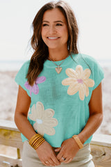 Moonlight Jade Big Flower Knit Short Sleeve Sweater Sweaters & Cardigans JT's Designer Fashion