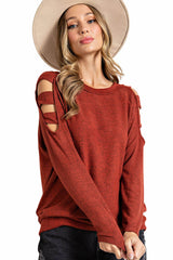 Orange Cutout Cold Shoulder Long Sleeve Top Long Sleeve Tops JT's Designer Fashion