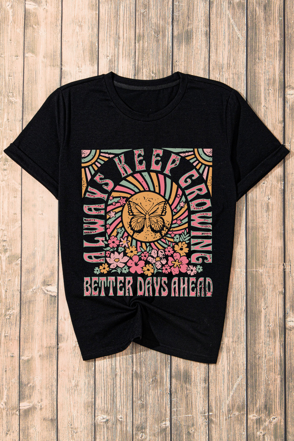Black Always Keep Growing Butterfly Flower Crewneck Graphic Tee Graphic Tees JT's Designer Fashion