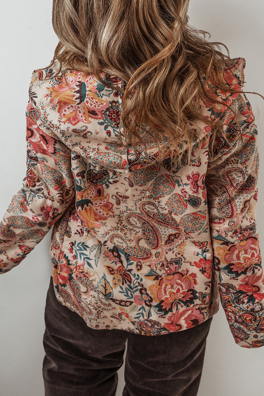 Beige Vintage Paisley Floral Printed Sherpa Lined Hooded Jacket Jackets JT's Designer Fashion