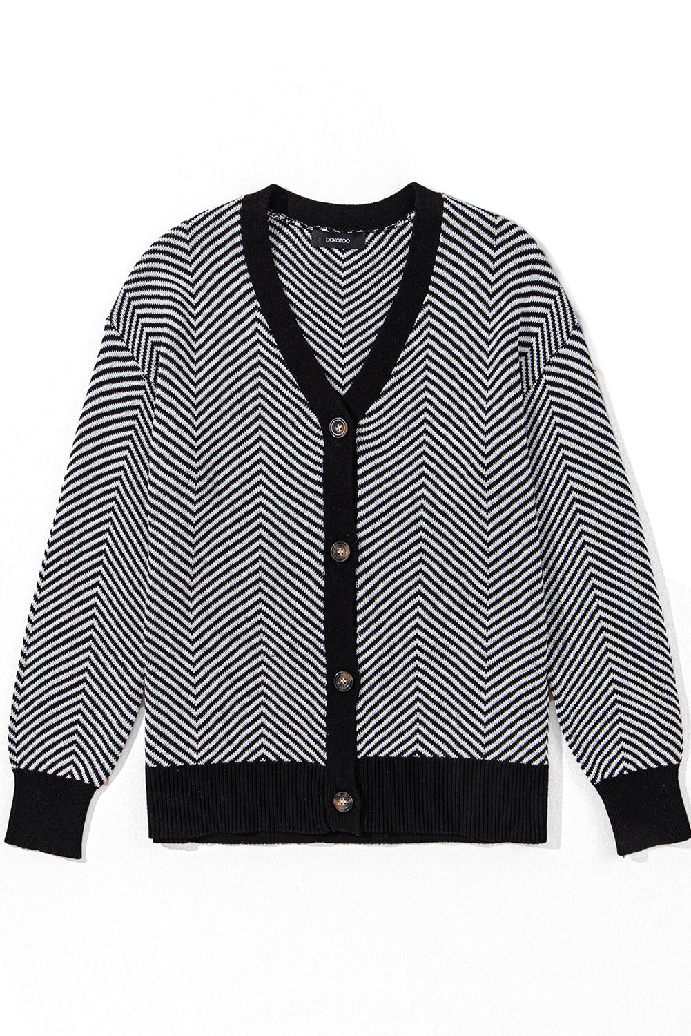 White Stripe Buttoned Front V Neck Herringbone Cardigan Cardigans JT's Designer Fashion
