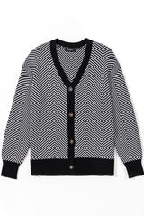 White Stripe Buttoned Front V Neck Herringbone Cardigan Cardigans JT's Designer Fashion