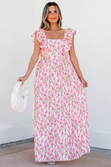 Pink Floral Print Square Neck Ruffled Strap Maxi Dress Floral Dresses JT's Designer Fashion