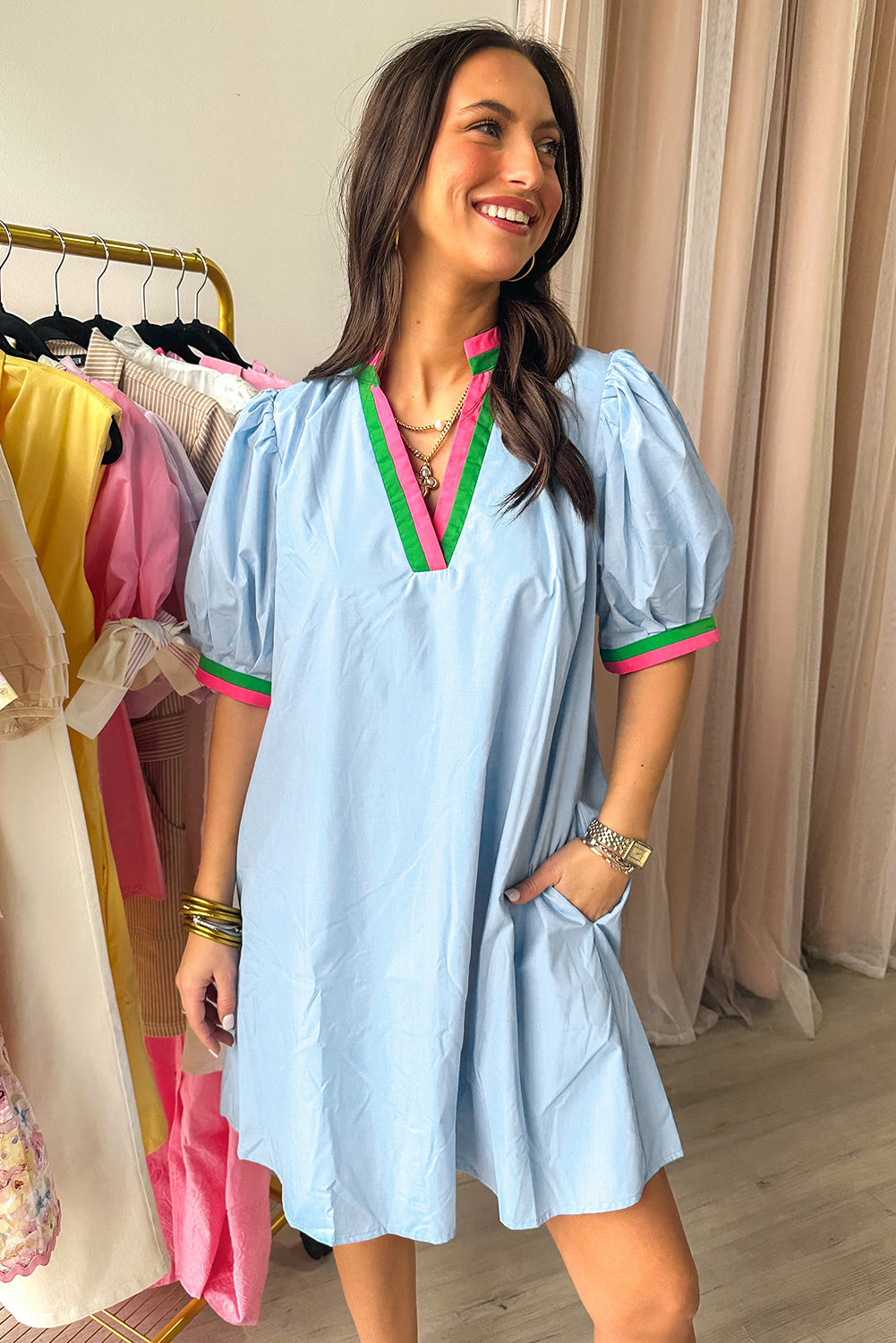 Myosotis Contrast Striped Notched V Neck Puff Sleeve Mini Dress Mini Dresses JT's Designer Fashion