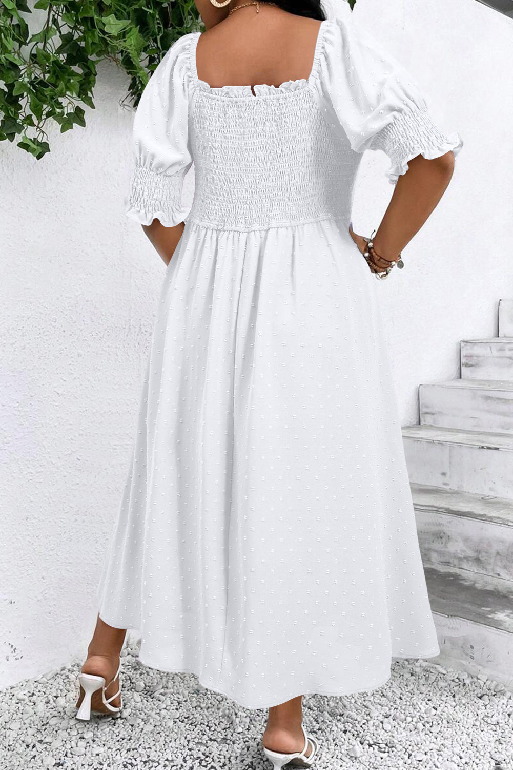 White Swiss Dot Smocked Frilled Neckline Short Sleeve Plus Size Dress Plus Size Maxi Dresses JT's Designer Fashion