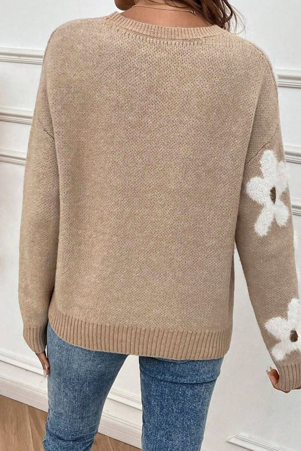 Parchment Flower Pattern Ribbed Trim Crew Neck Sweater Sweaters JT's Designer Fashion