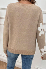 Parchment Flower Pattern Ribbed Trim Crew Neck Sweater Sweaters JT's Designer Fashion