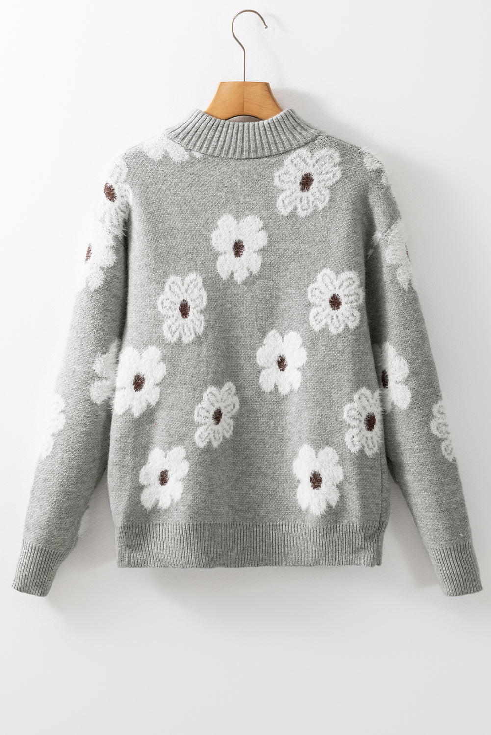 Gray Floral Pattern Half Zip Drop Shoulder Sweater Sweaters JT's Designer Fashion