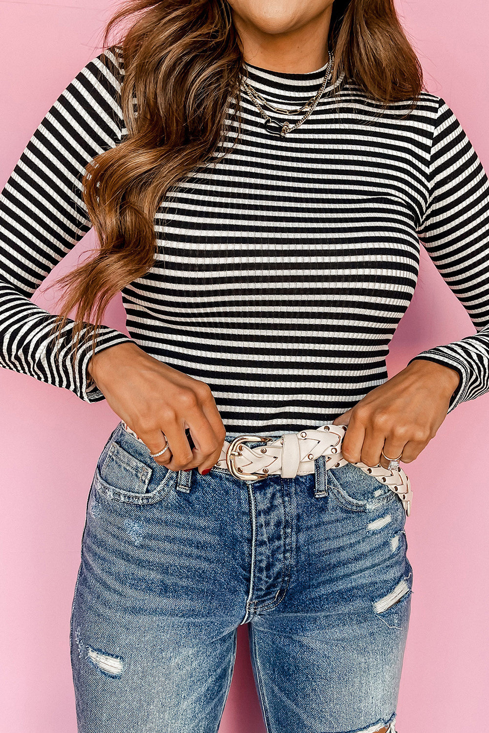 Black Stripe Knit Mock Neck Long Sleeve Slim Top Long Sleeve Tops JT's Designer Fashion