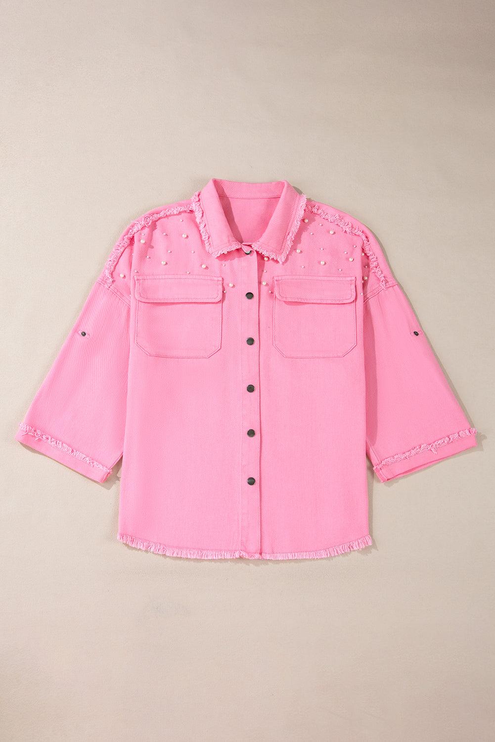 Bonbon Pearl Beaded Raw Hem Button Up Denim Jacket Denim Jackets JT's Designer Fashion
