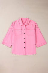 Bonbon Pearl Beaded Raw Hem Button Up Denim Jacket Denim Jackets JT's Designer Fashion