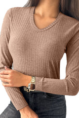 Straw Yellow Ribbed Knit V Neck Long Sleeve Slim Fit Top Long Sleeve Tops JT's Designer Fashion