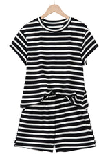 Black White Striped Short Sleeve Top and Shorts Set Short Sets JT's Designer Fashion