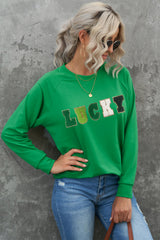 Green St Patricks LUCKY Chenille Embroidered Graphic Sweatshirt Graphic Sweatshirts JT's Designer Fashion