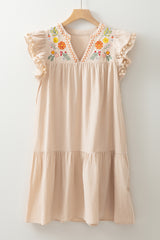 Jet Stream Linen Embroidery Split Neck Pom Pom Ruffle Sleeves Flowy Short Dress Mini Dresses JT's Designer Fashion