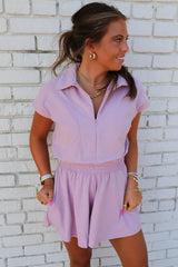 Orchid Bouquet Short Sleeve Zipper Collared Elastic High Waist Romper Jumpsuits & Rompers JT's Designer Fashion
