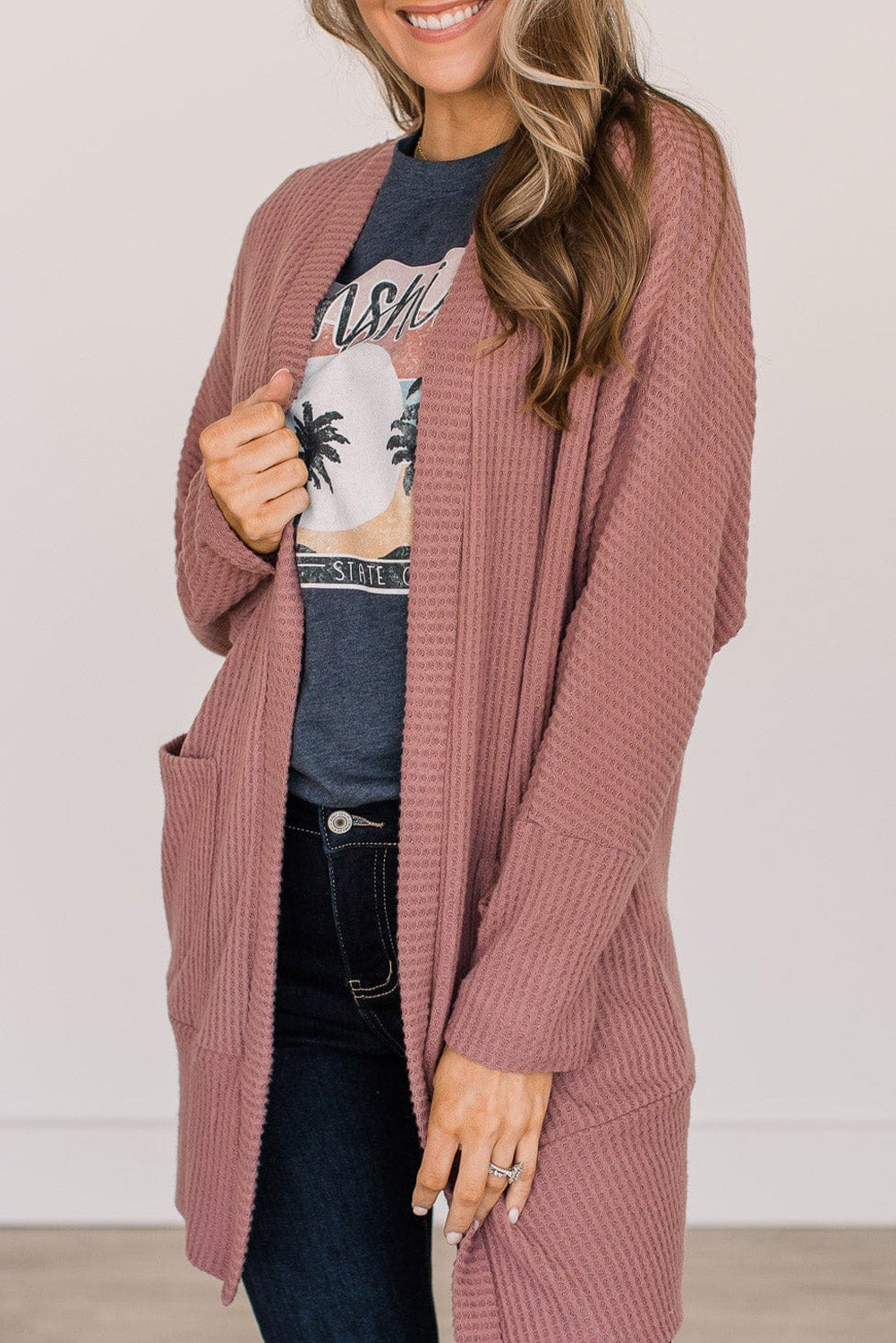 Mineral Red Solid Color Waffle Knit Cardigan with Pocket Mineral Red 67%Polyester+30%Viscose+3%Elastane Cardigans JT's Designer Fashion