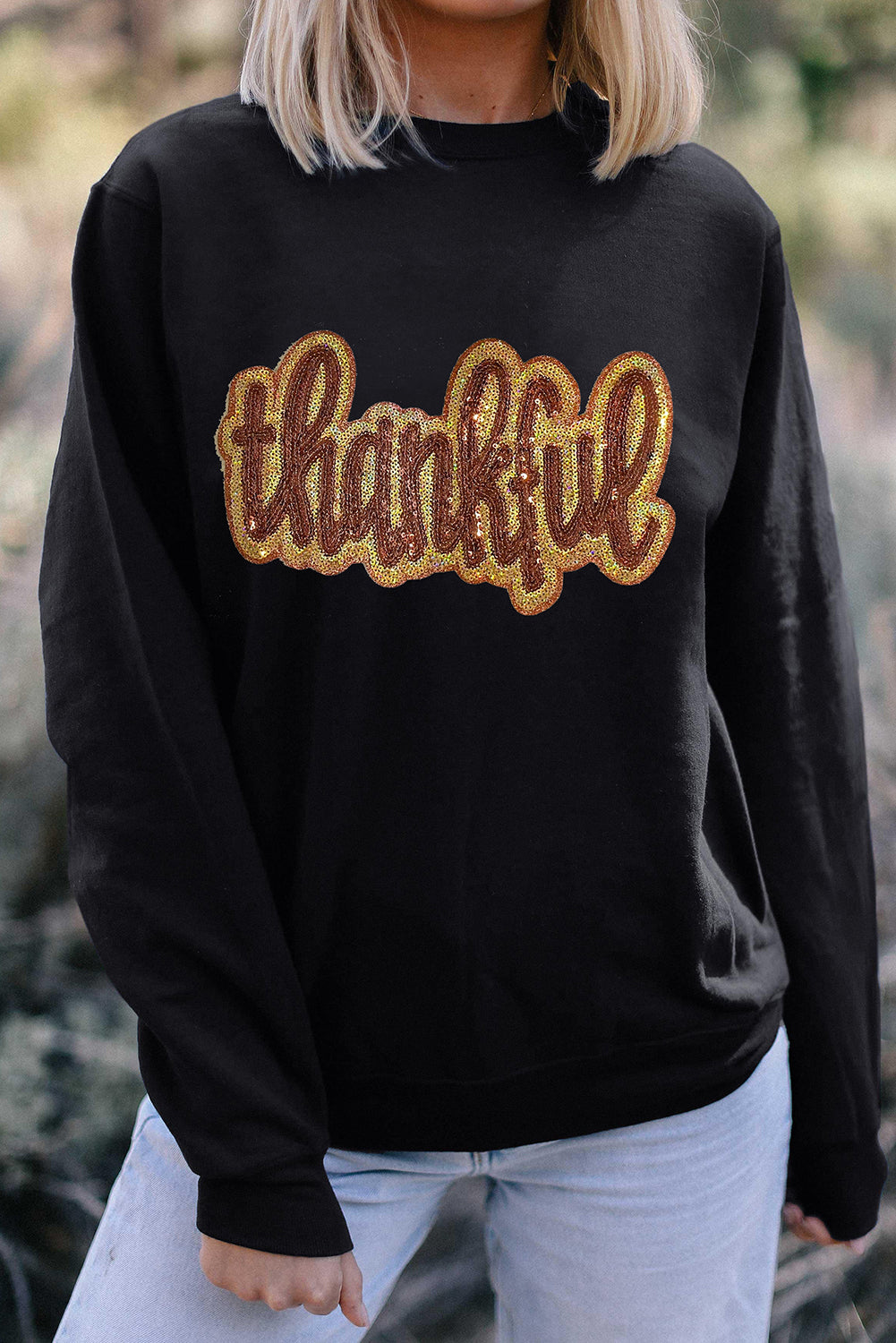 Black Glittering thankful Graphic Drop Shoulder Sweatshirt Graphic Sweatshirts JT's Designer Fashion