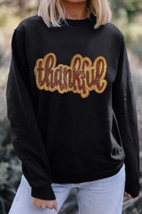 Black Glittering thankful Graphic Drop Shoulder Sweatshirt Graphic Sweatshirts JT's Designer Fashion