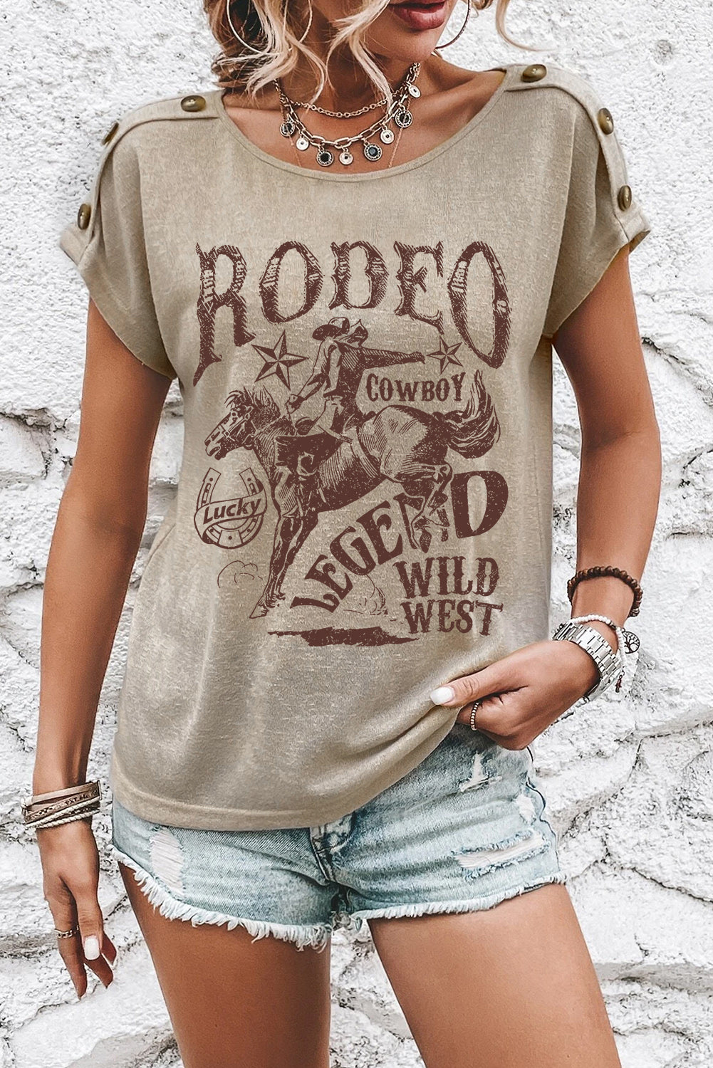 Smoke Gray RODEO Cowboy Graphic Buttoned Batwing Sleeve T Shirt Graphic Tees JT's Designer Fashion
