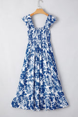 Blue Floral Ruffle Strap Square Neck Smocked Bodice Midi Dress Floral Dresses JT's Designer Fashion