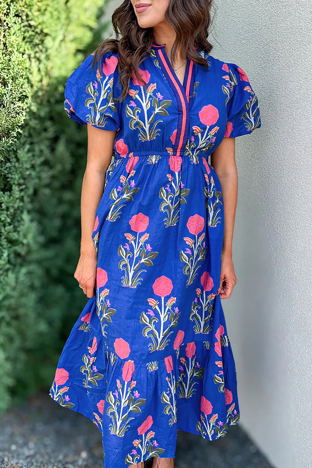 Sky Blue Floral Puff Short Sleeve V Neck High Waist Maxi Dress Floral Dresses JT's Designer Fashion