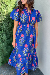 Sky Blue Floral Puff Short Sleeve V Neck High Waist Maxi Dress Floral Dresses JT's Designer Fashion