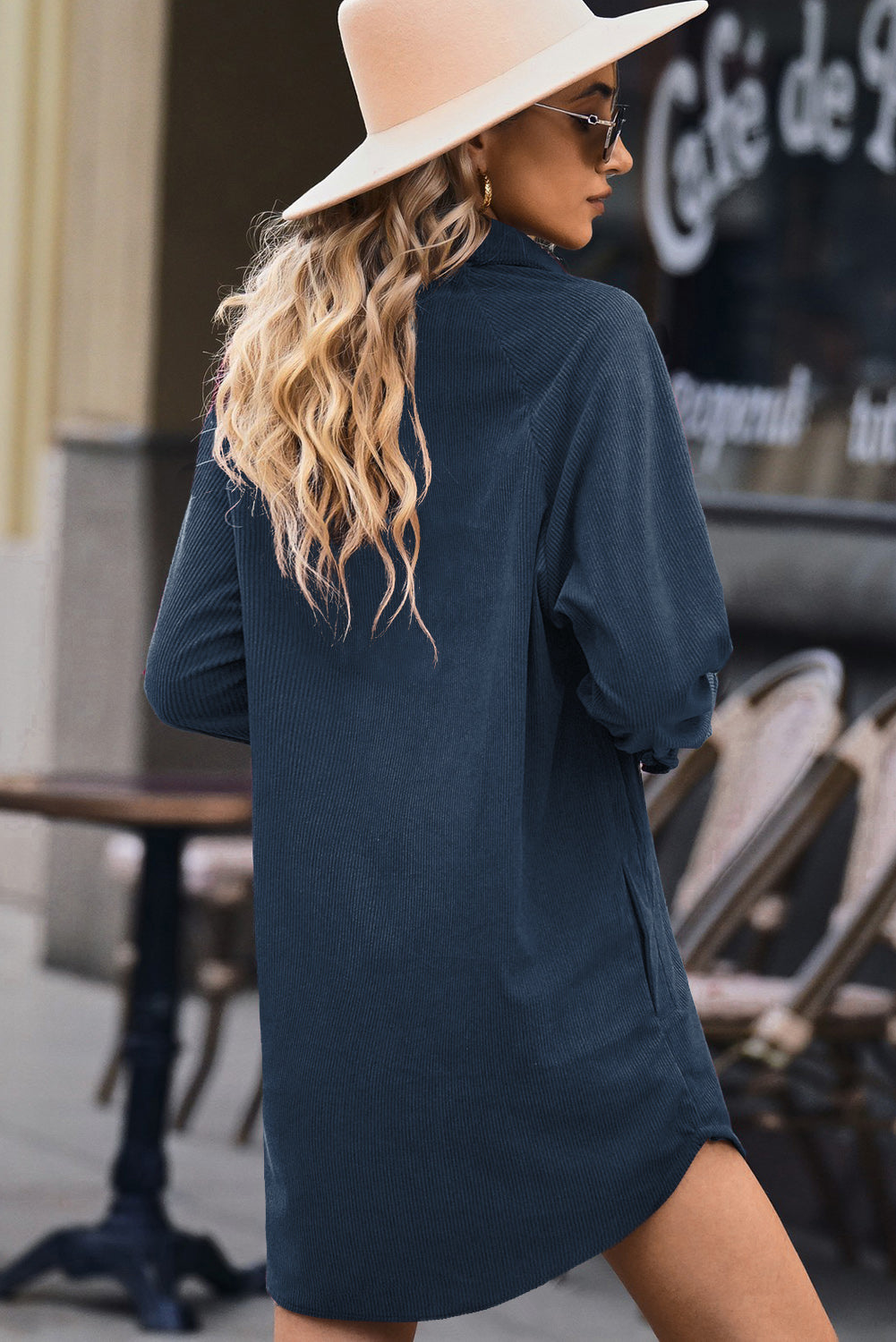 Blue Corduroy Shirt Style Full Button Long Sleeve Shift Mini Dress Mini Dresses JT's Designer Fashion