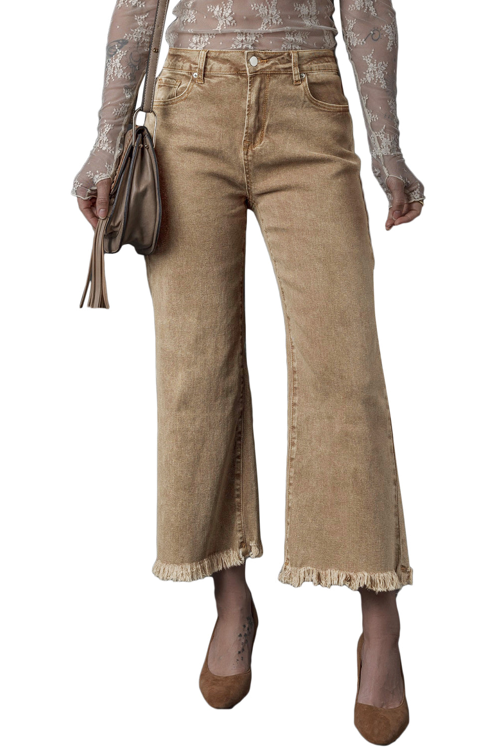Light French Beige Acid Washed High Rise Cropped Wide Leg Jeans Jeans JT's Designer Fashion