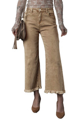 Light French Beige Acid Washed High Rise Cropped Wide Leg Jeans Jeans JT's Designer Fashion