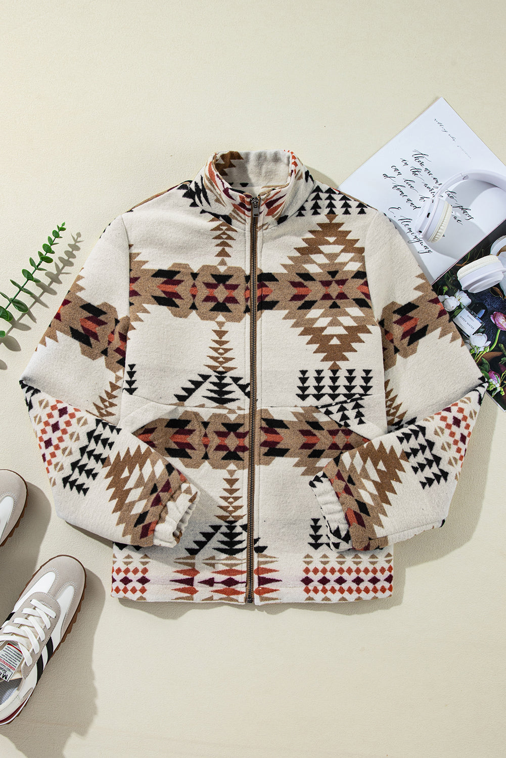 Beige Aztec Printed Stand Neck Zip Up Jacket Jackets JT's Designer Fashion