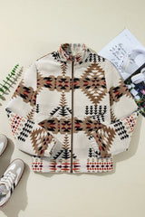 Beige Aztec Printed Stand Neck Zip Up Jacket Jackets JT's Designer Fashion