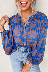 Blue Floral Print Batwing Sleeve Buttoned Loose Fit Shirt Blue 100%Viscose Blouses & Shirts JT's Designer Fashion