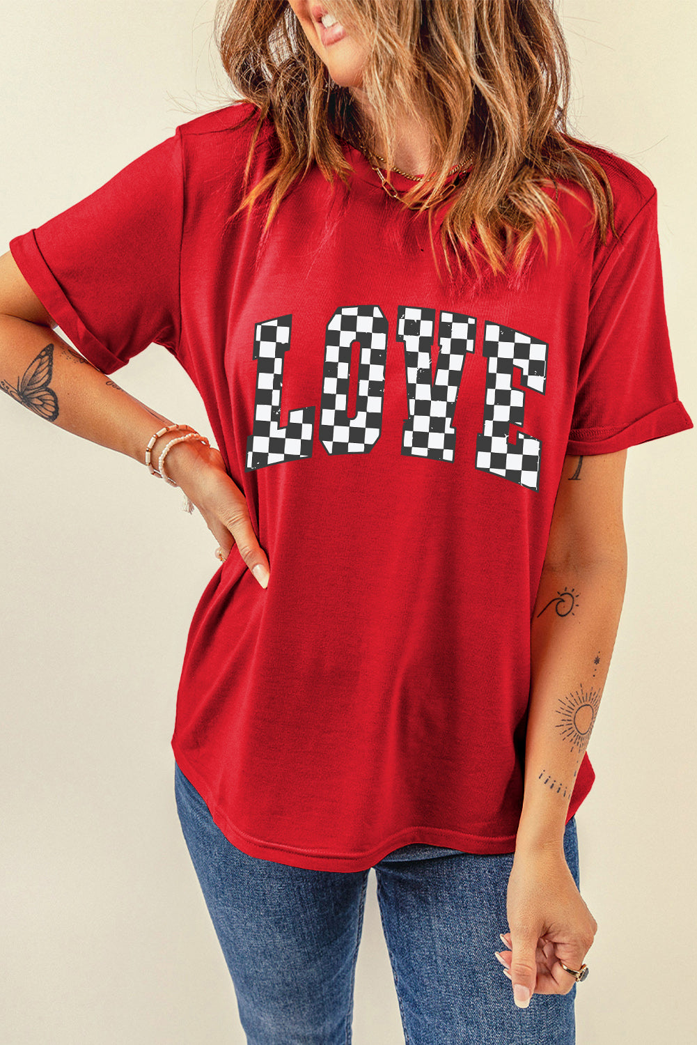 Red Checkered LOVE Letter Graphic Valentines T Shirt Graphic Tees JT's Designer Fashion