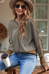 Brown Contrast Patchwork Thumbhole Sleeve Top Long Sleeve Tops JT's Designer Fashion