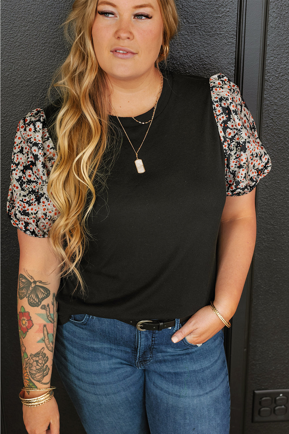 Black Daisy Printed Bubble Sleeve Plus Size Tunic Top Plus Size JT's Designer Fashion
