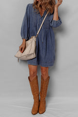 Sail Blue 3/4 Sleeve Tied V Neck Pleated Denim Mini Dress JT's Designer Fashion