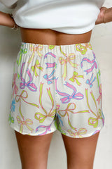 White Cheerful Bow Print Elastic Pull On Casual Shorts Casual Shorts JT's Designer Fashion