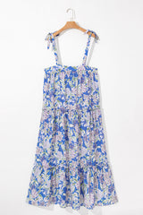 Sky Blue Floral Print Self-tie Straps Flowy Ruffle Long Dress Maxi Dresses JT's Designer Fashion