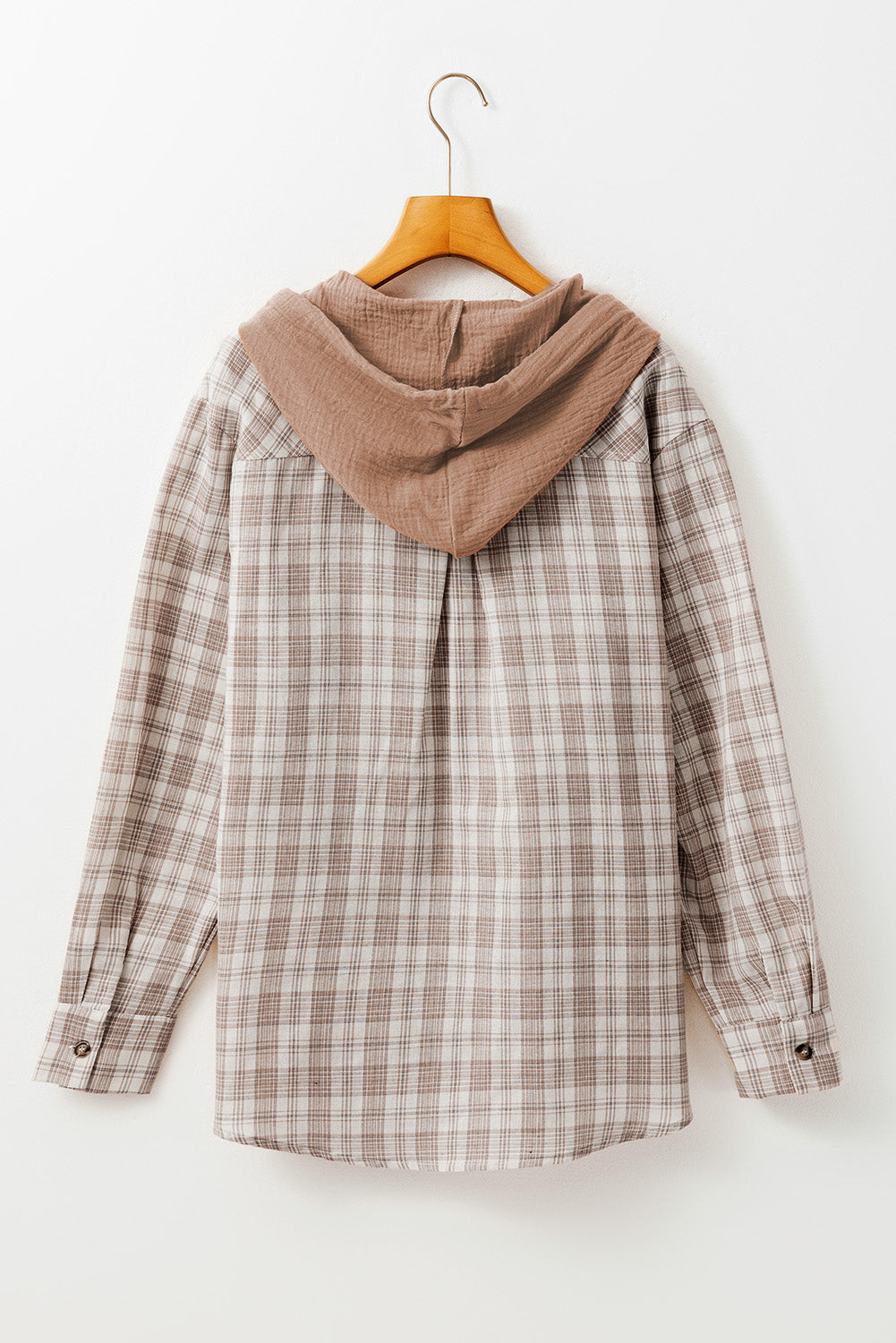 Khaki Checkered Print Loose Fit Buttoned Hooded Shacket Plaid Shackets JT's Designer Fashion