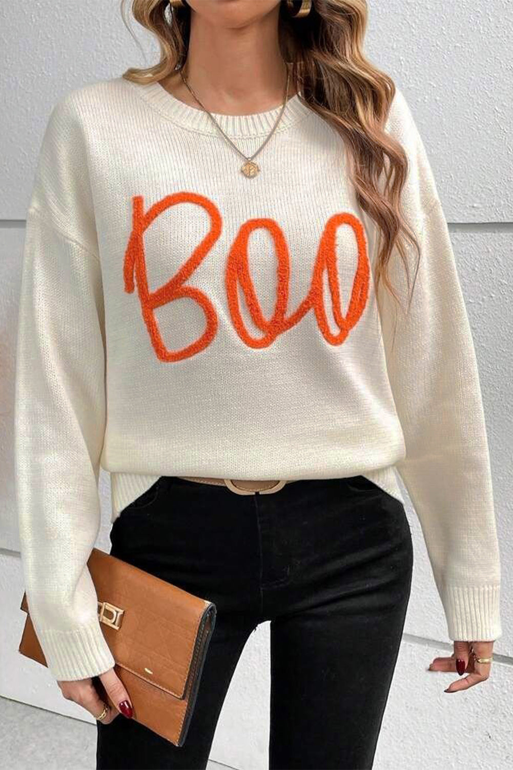 Apricot Boo Knitted Pattern Ribbed Edge Drop Shoulder Sweater Sweaters JT's Designer Fashion
