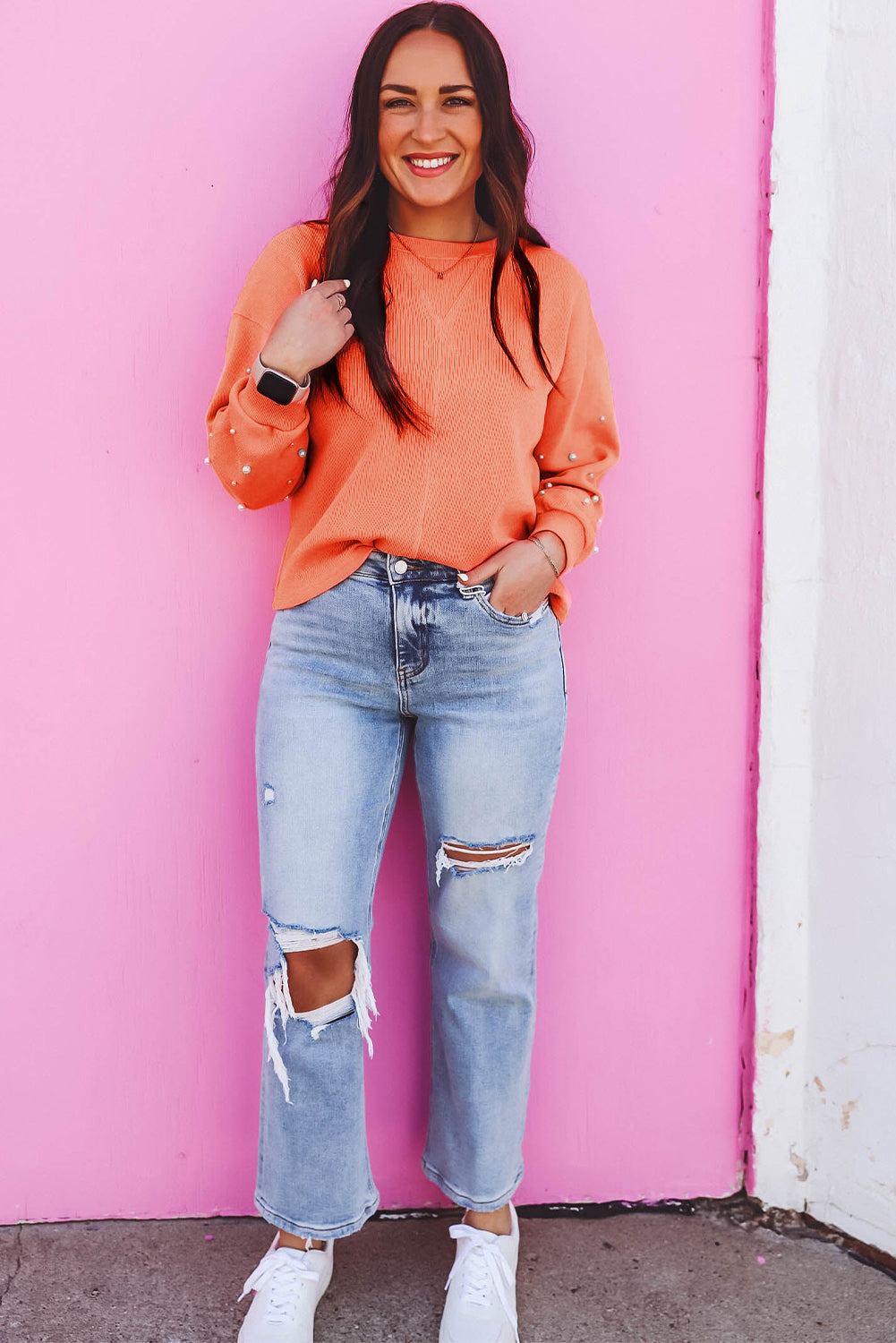 Blossom Pearled Sleeves Drop Shoulder Round Neck Pullover Sweatshirt Sweatshirts & Hoodies JT's Designer Fashion
