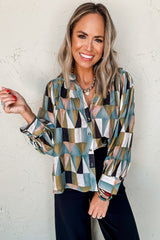 Green Geometric Print Buttoned Balloon Sleeve Loose Fit Shirt Blouses & Shirts JT's Designer Fashion